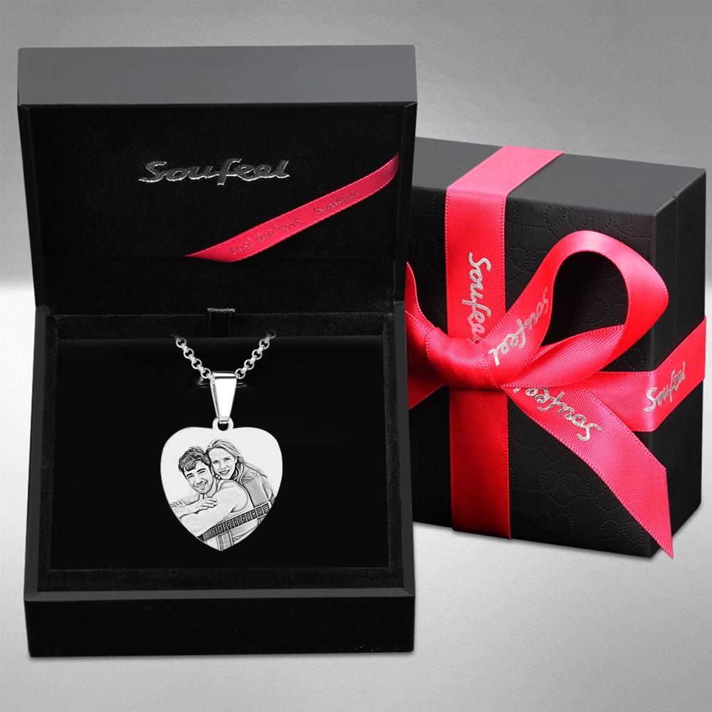 Engraved Heart Calendar Tag Photo Necklace Stainless Steel Gifts for Your Lover