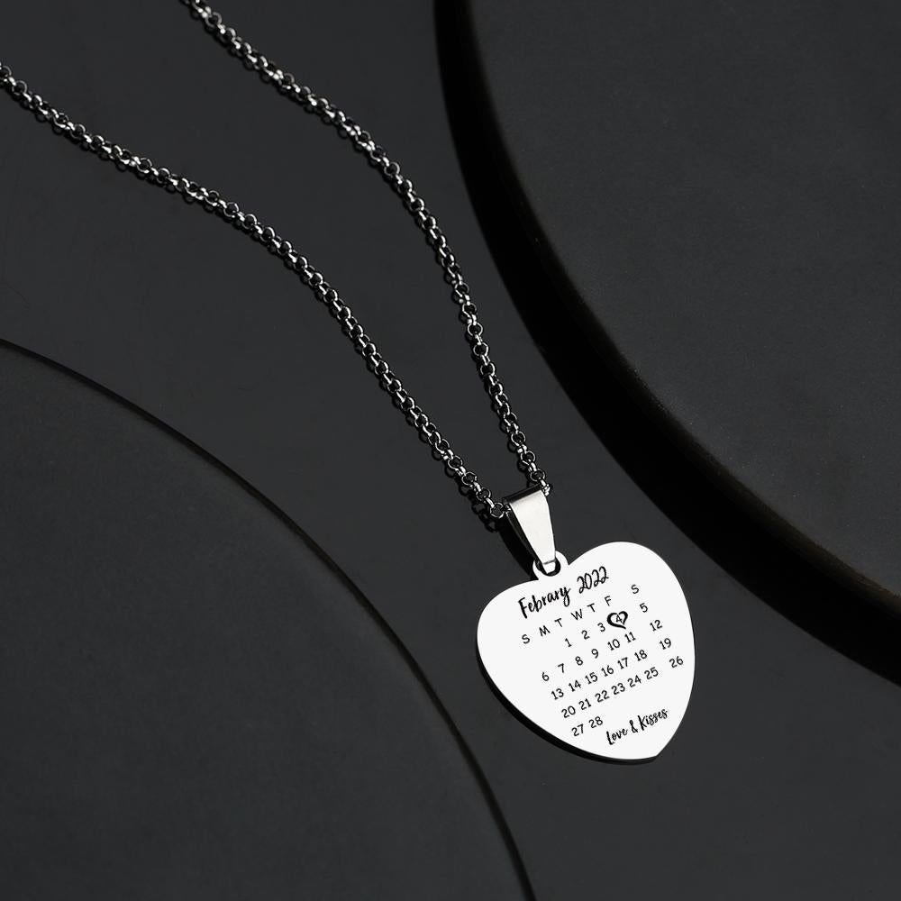 Engraved Heart Calendar Tag Photo Necklace Stainless Steel Gifts for Your Lover
