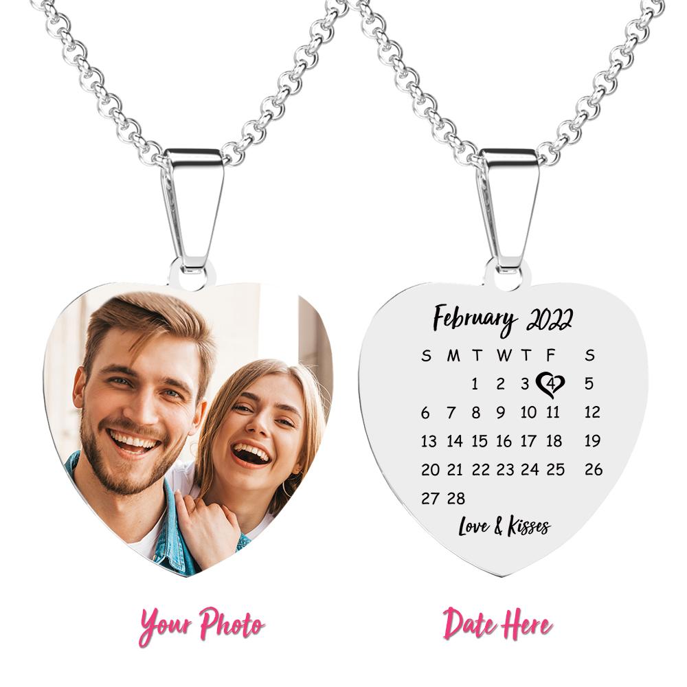 Engraved Heart Calendar Tag Photo Necklace Stainless Steel Gifts for Your Lover