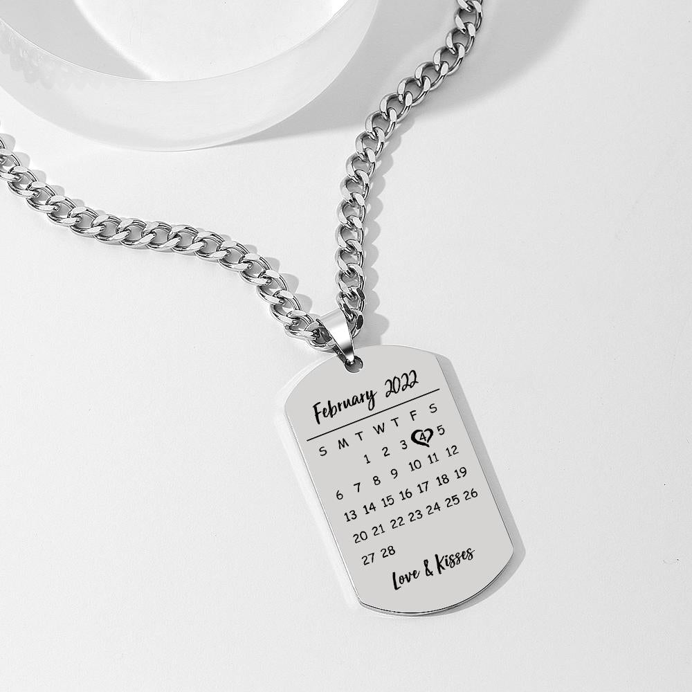 Engraved Heart Calendar Tag Photo Necklace Stainless Steel Gifts for Your Lover