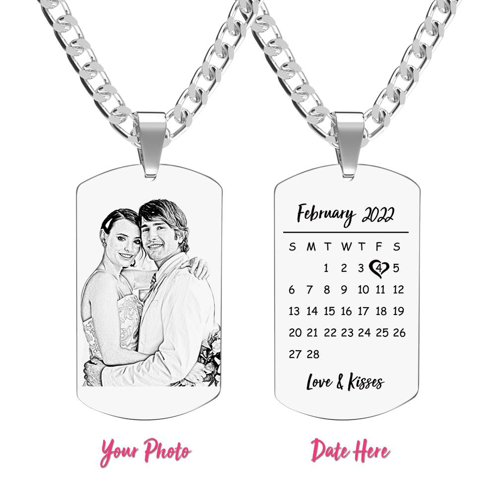Engraved Heart Calendar Tag Photo Necklace Stainless Steel Gifts for Your Lover