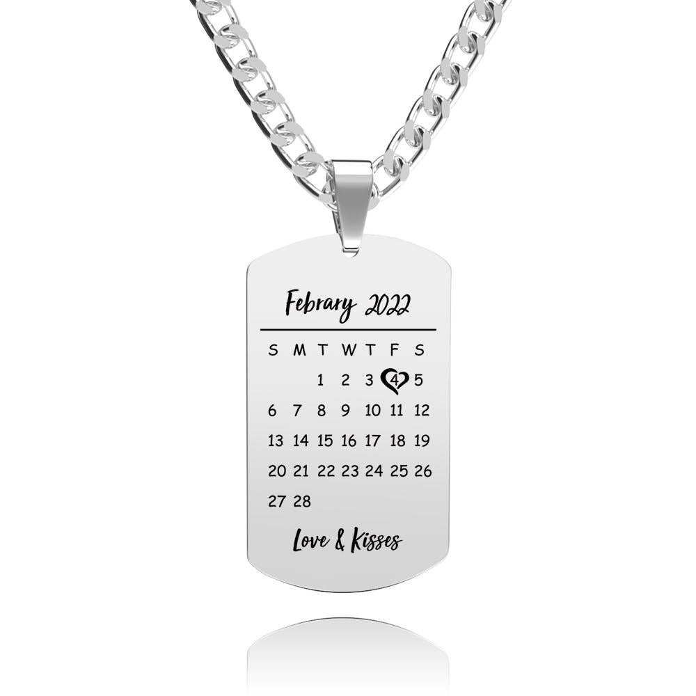 Engraved Heart Calendar Tag Photo Necklace Stainless Steel Gifts for Your Lover