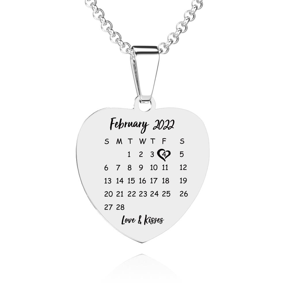 Engraved Heart Calendar Tag Photo Necklace Stainless Steel Gifts for Your Lover