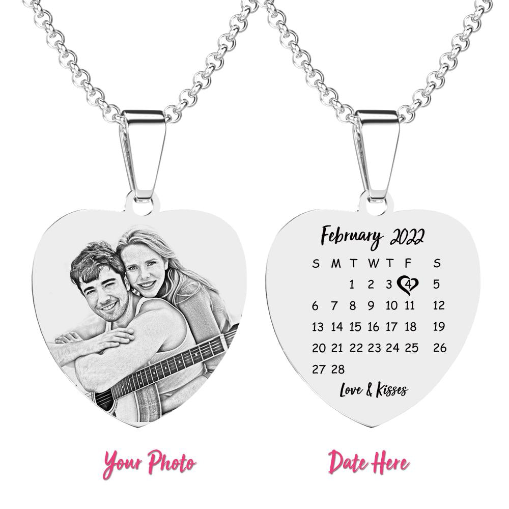 Engraved Heart Calendar Tag Photo Necklace Stainless Steel Gifts for Your Lover
