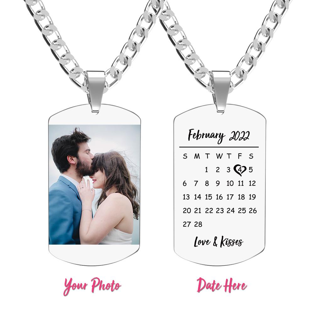 Engraved Heart Calendar Tag Photo Necklace Stainless Steel Gifts for Your Lover